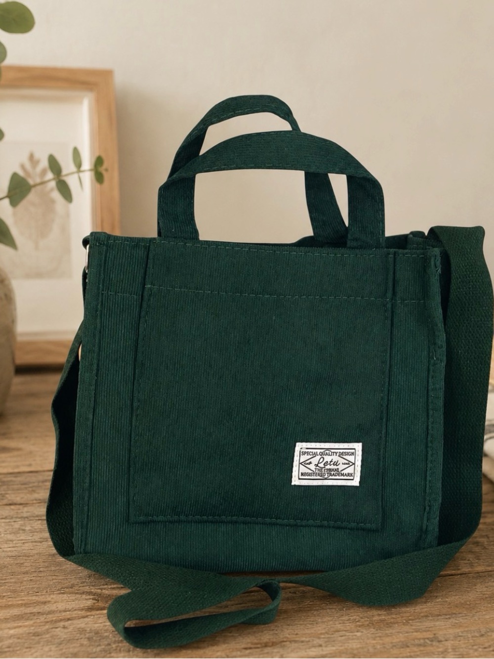 Letu Green Corduroy Tote Bag Purse Adjustable Crossbody Straps